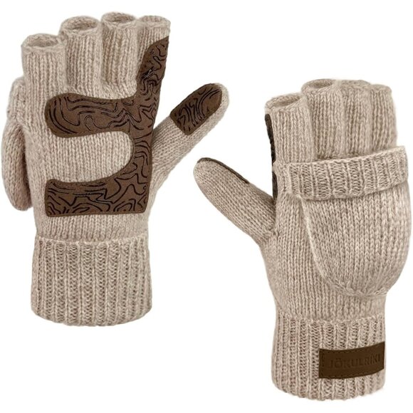🆕Women and Men Beige Convertible Warm Wool Fingerless Gloves Flap Top Mittens - Picture 4 of 8